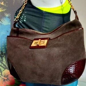 LAUREN By Ralph Lauren Brown Suede & REPTILE Embossed LEATHER Chain Strap